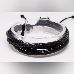 Men's leather bracelet layered braided‎ black new e41